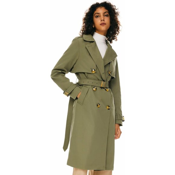 Women's Green Length Double Breasted Trench Coat Lapel Jacket With Belt - Picture 5 of 8